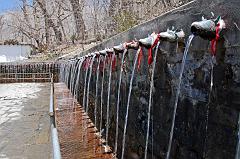 410 Muktinath Chumig Gyatsa 108 Water Spouts Set into the wall at the back of the Central Vishnu Chumig Gyatsa Temple at Muktinath are a set of 108 water spouts carved in the shape of bulls heads.